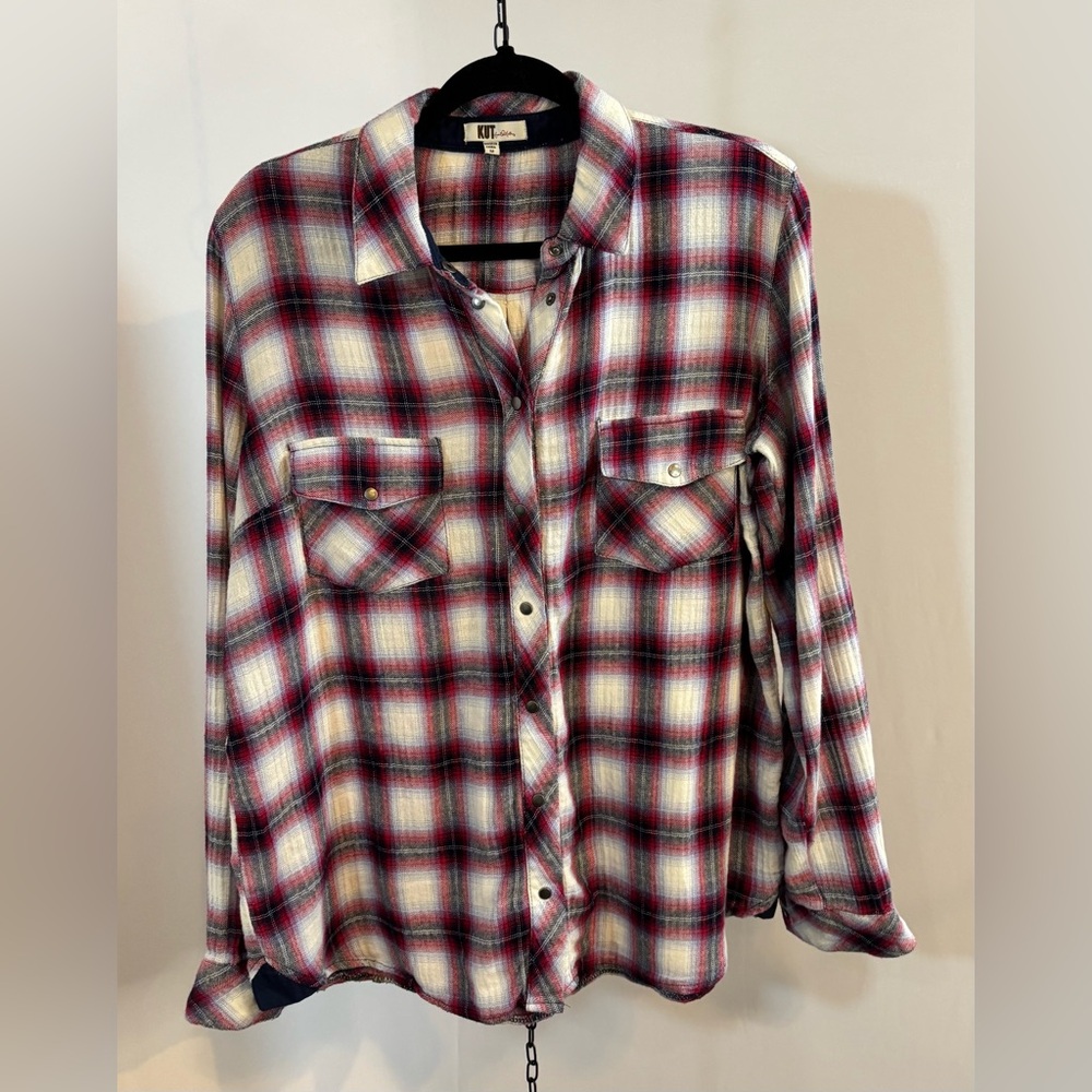 🔥SALE🔥 KUT from the Kloth Plaid Flannel Shirt Women M Red Blue Snap Western Rock